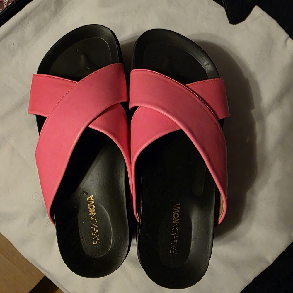 Fashion Nova Vibrant Pink Super High Platform Cross Strap Slides